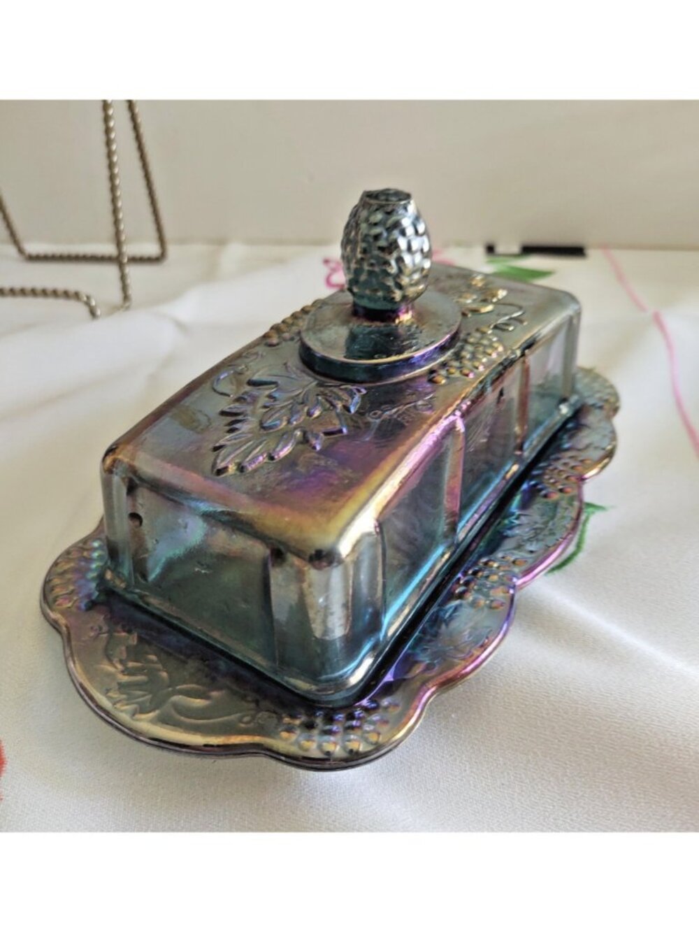 Indiana Glass Company Iridescent Blue lidded butter dish "Harvest Grape" pattern